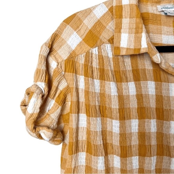 Sundance Lorna gauze short sleeve button up blouse, yellow check print, Large - Picture 3 of 7